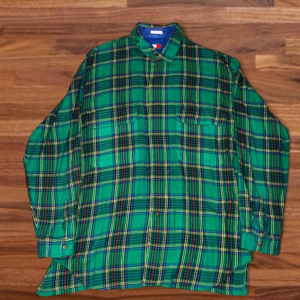Vintage Tommy Hilfiger Green Plaid Flannel Button Up Shirt Made in Hong Kong